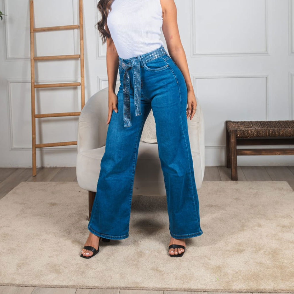Jeans Wide Leg Shimmer Belt - Denim