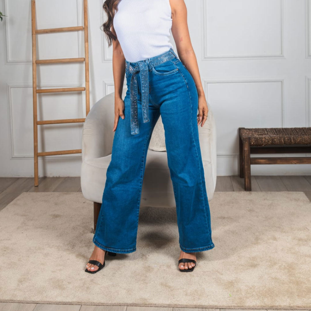 Jeans Wide Leg Shimmer Belt - Denim