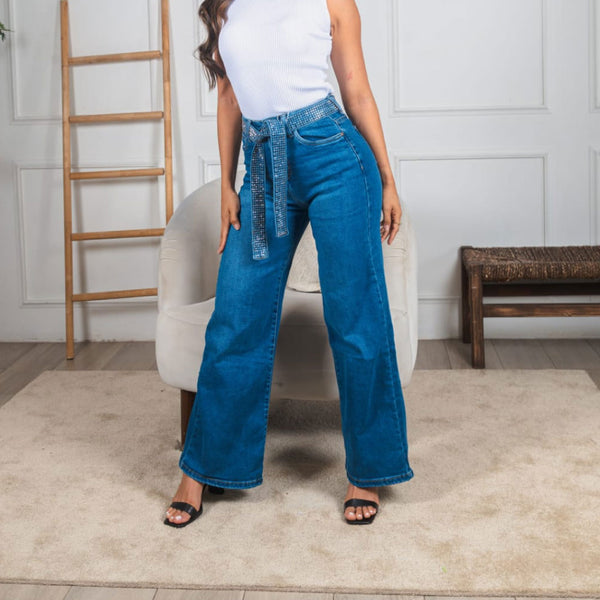 Jeans Wide Leg Shimmer Belt - Denim