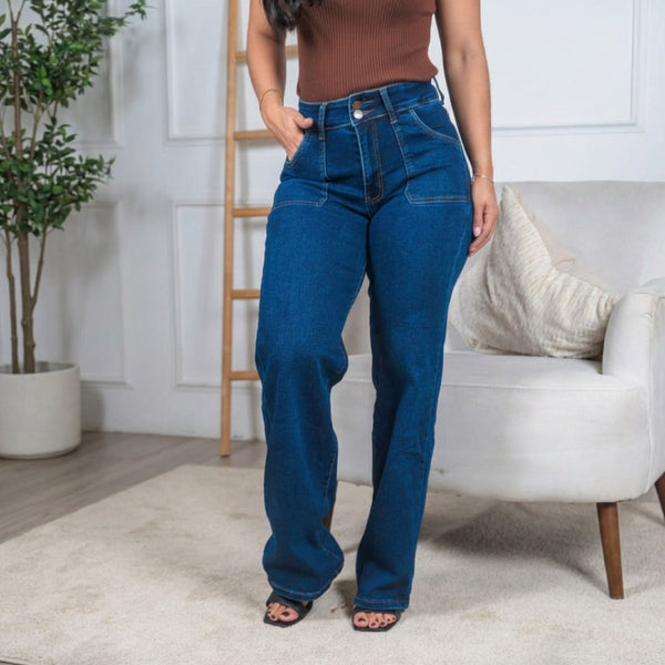 Jeans Wide Leg Outline Pocket - Denim