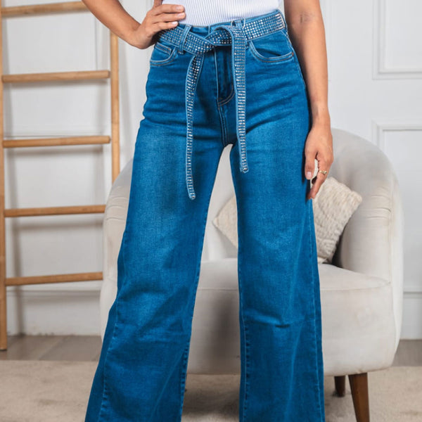 Jeans Wide Leg Shimmer Belt - Denim