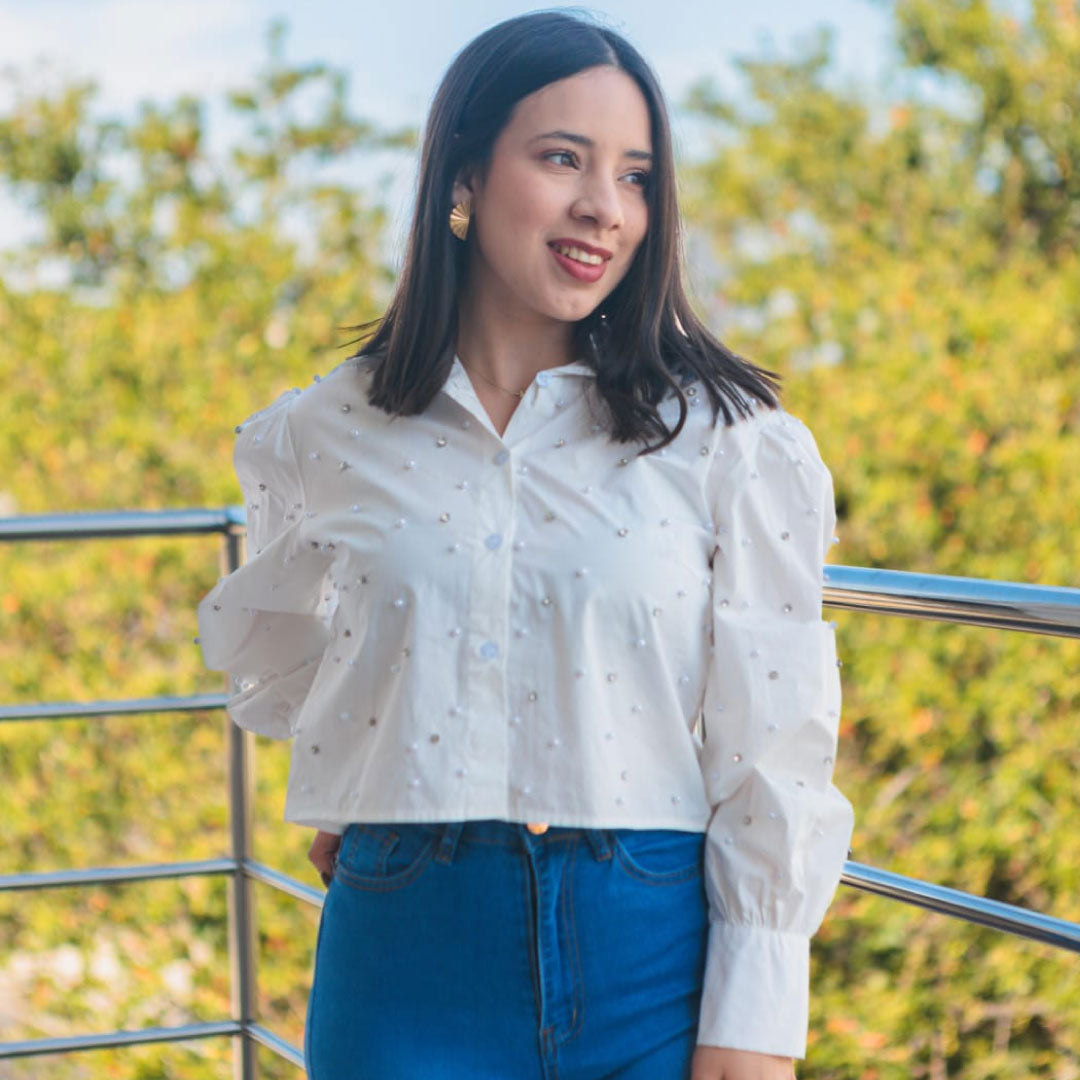 Blusa Manga Larga con Detalles de Perlitas - Blanco Imagen secundaria del producto