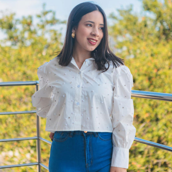 Blusa Manga Larga con Detalles de Perlitas - Blanco
