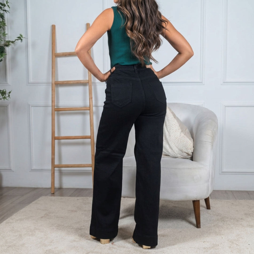 Jeans Wide Leg Double Button - Negro