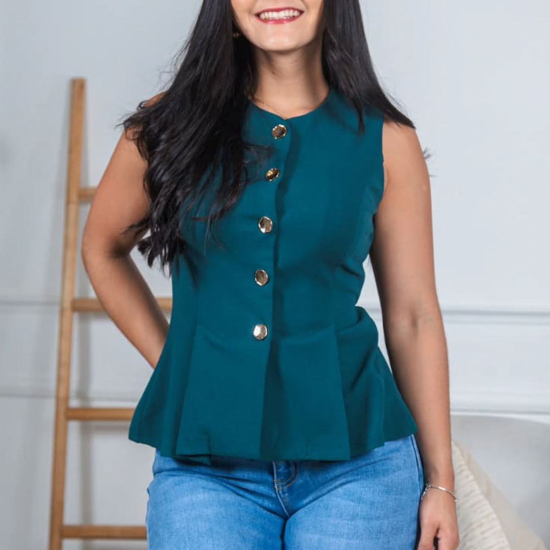 Blusa Formal Peplum Botones Dorados - Verde Azulado