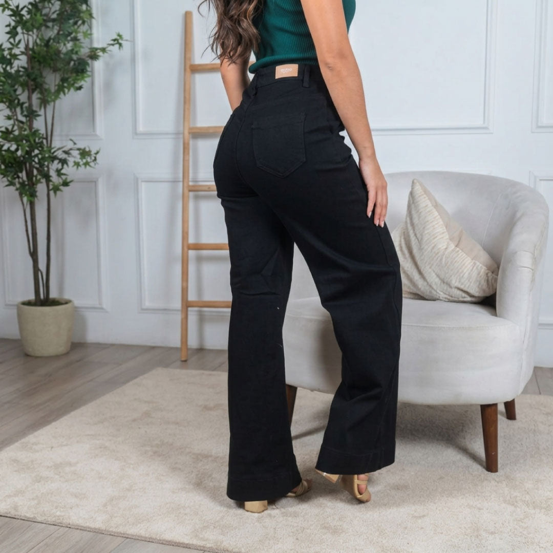 Jeans Wide Leg Double Button - Negro