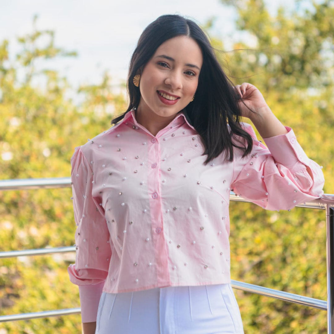 Blusa Manga Larga con Detalles de Perlitas - Rosado Pastel Imagen secundaria del producto