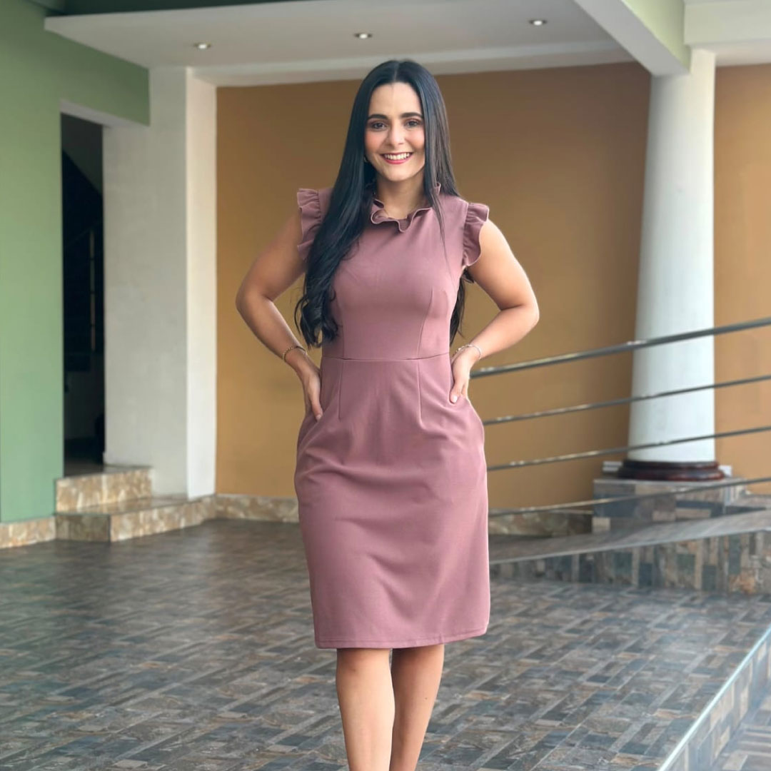 Vestido con Volantes en Cuello y Hombros - Rosado Apagado